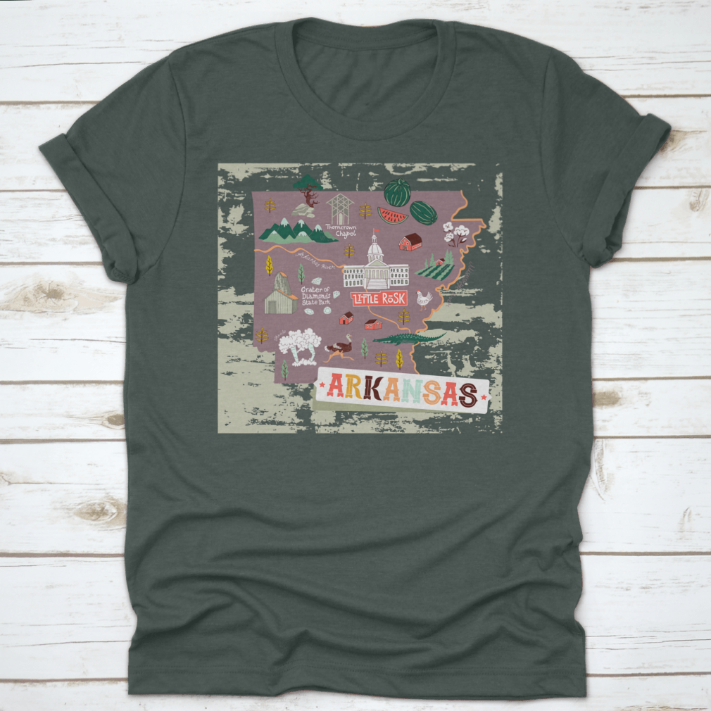 Illustrated map shirt design featuring Arkansas attractions and landscapes, made from 100% cotton for comfort.