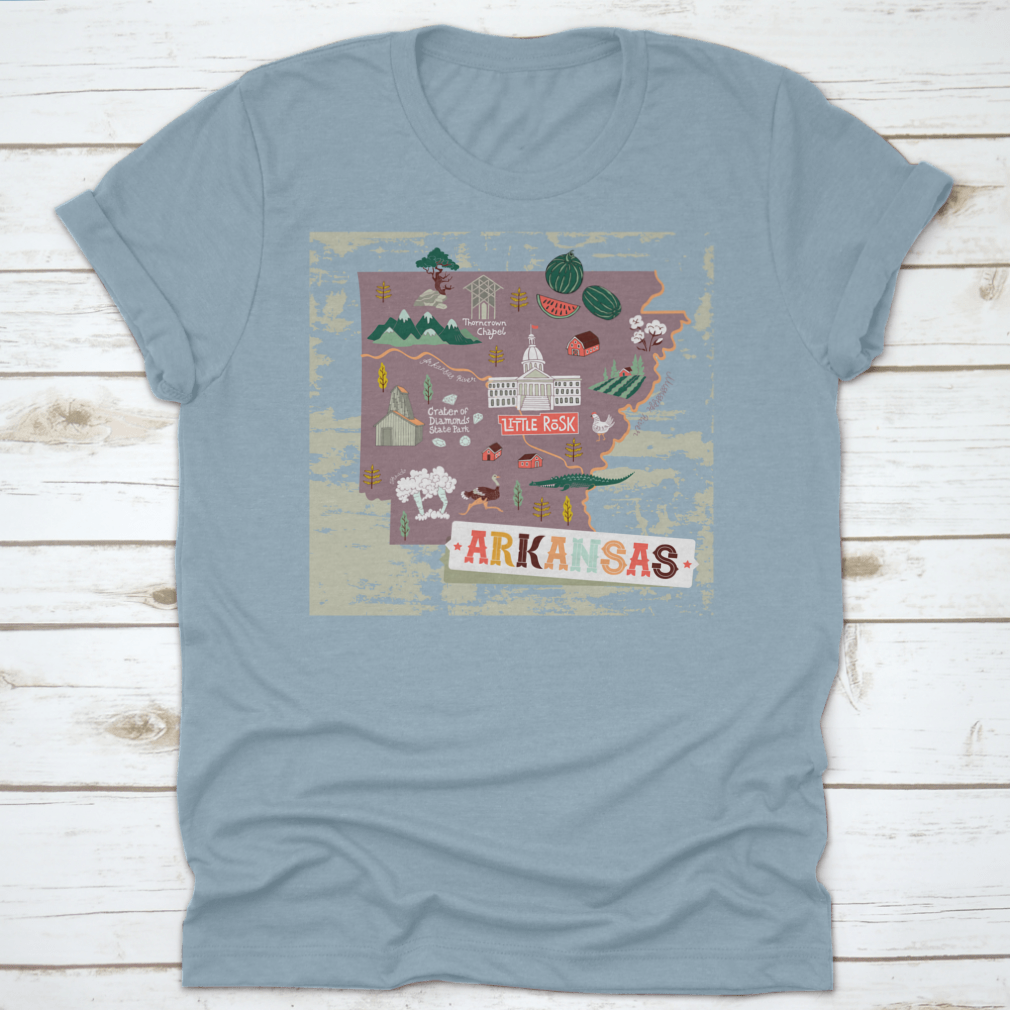 Illustrated map shirt design featuring Arkansas attractions and landscapes, made from 100% cotton for comfort.