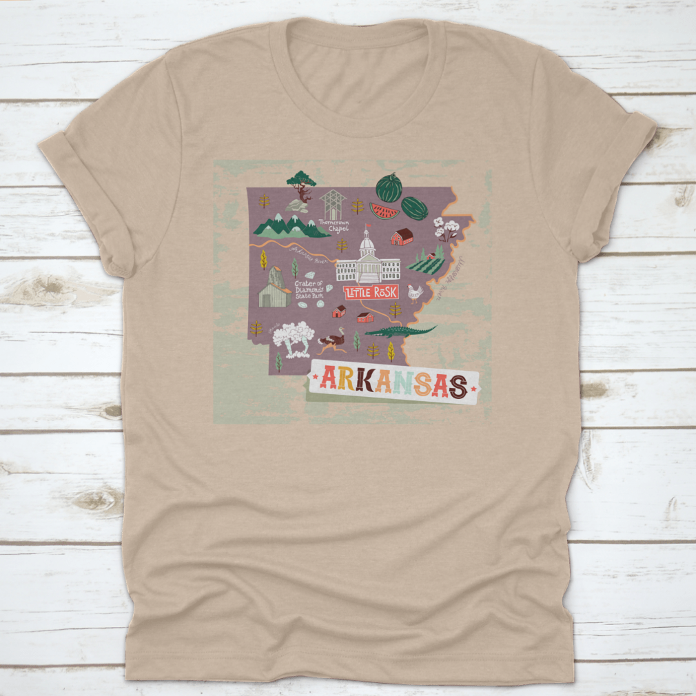 Illustrated map shirt design featuring Arkansas attractions and landscapes, made from 100% cotton for comfort.