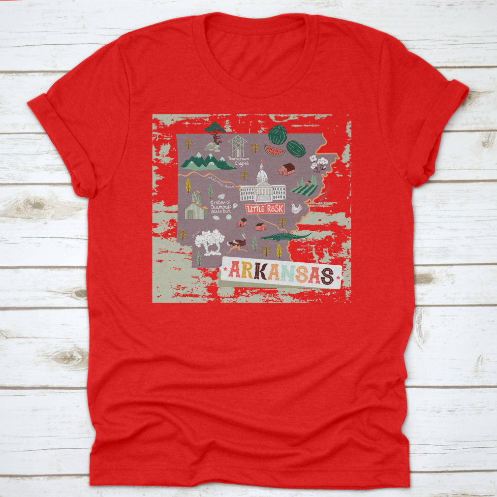 Illustrated map shirt design featuring Arkansas attractions and landscapes, made from 100% cotton for comfort.