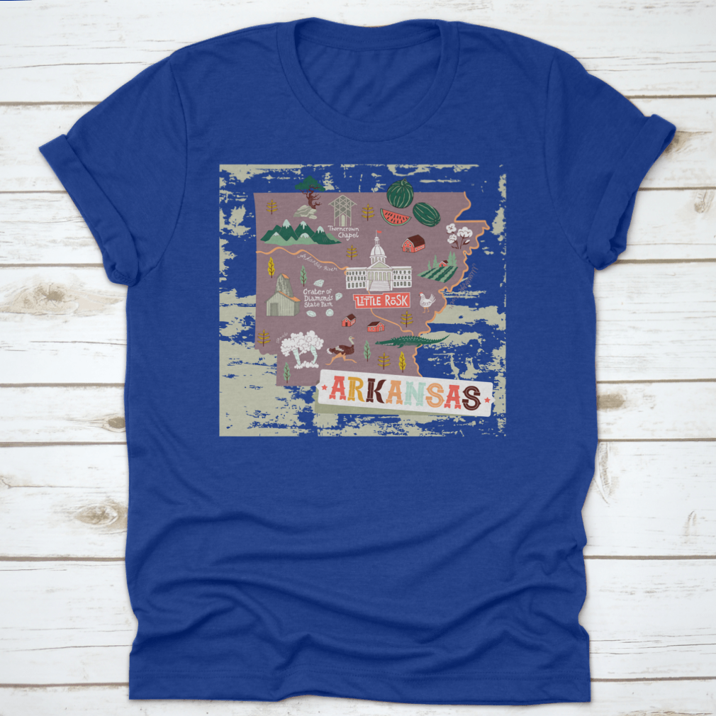 Illustrated map shirt design featuring Arkansas attractions and landscapes, made from 100% cotton for comfort.