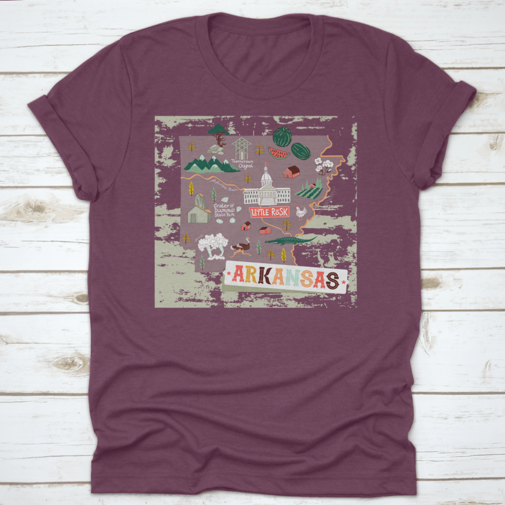 Illustrated map shirt design featuring Arkansas attractions and landscapes, made from 100% cotton for comfort.