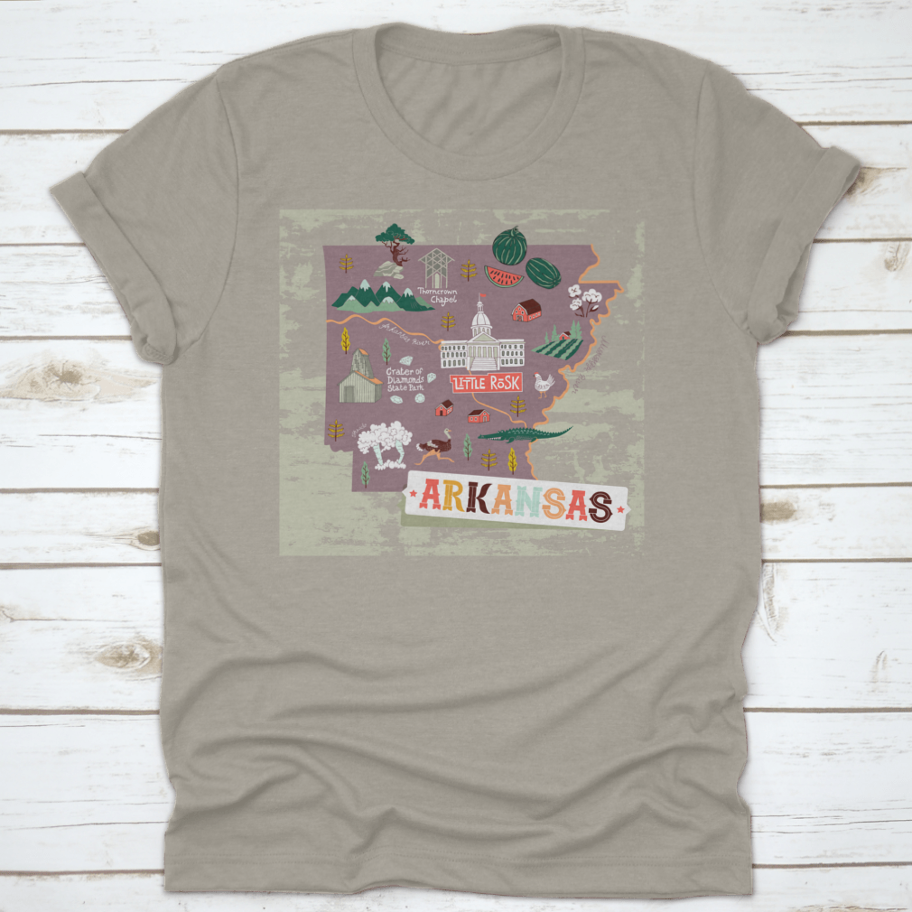Illustrated map shirt design featuring Arkansas attractions and landscapes, made from 100% cotton for comfort.
