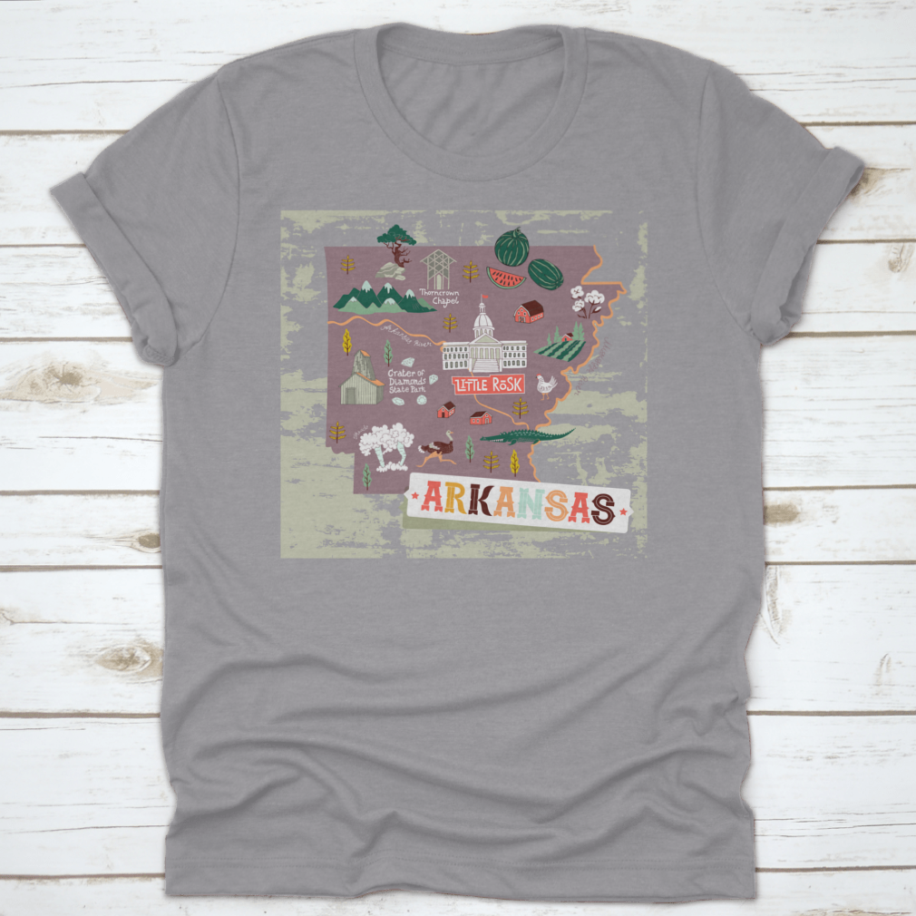 Illustrated map shirt design featuring Arkansas attractions and landscapes, made from 100% cotton for comfort.