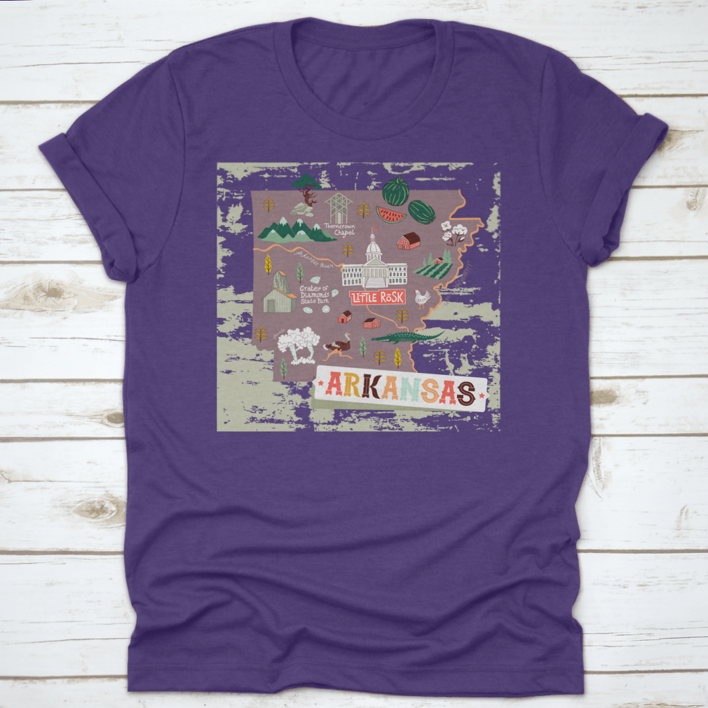 Illustrated map shirt design featuring Arkansas attractions and landscapes, made from 100% cotton for comfort.