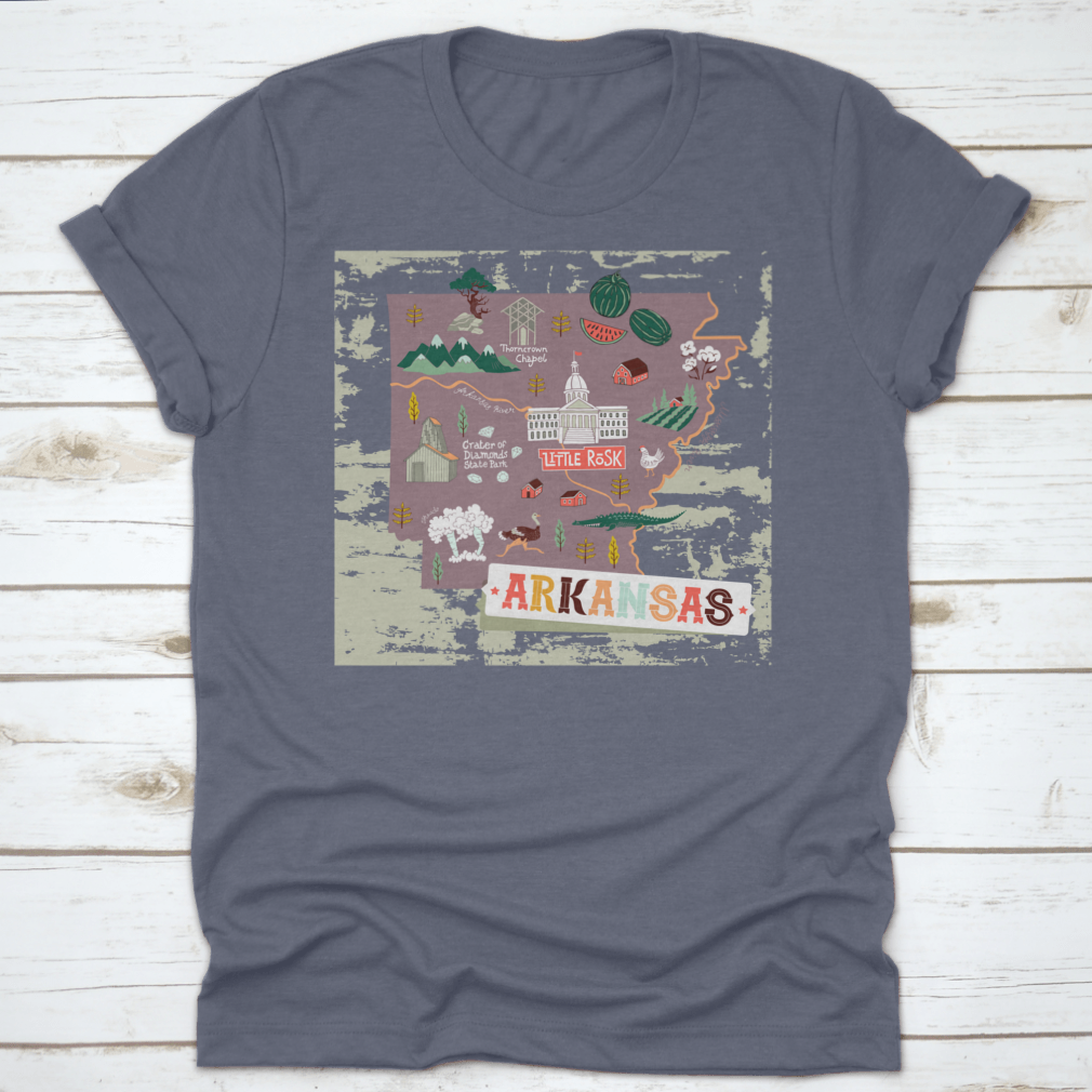 Illustrated map shirt design featuring Arkansas attractions and landscapes, made from 100% cotton for comfort.