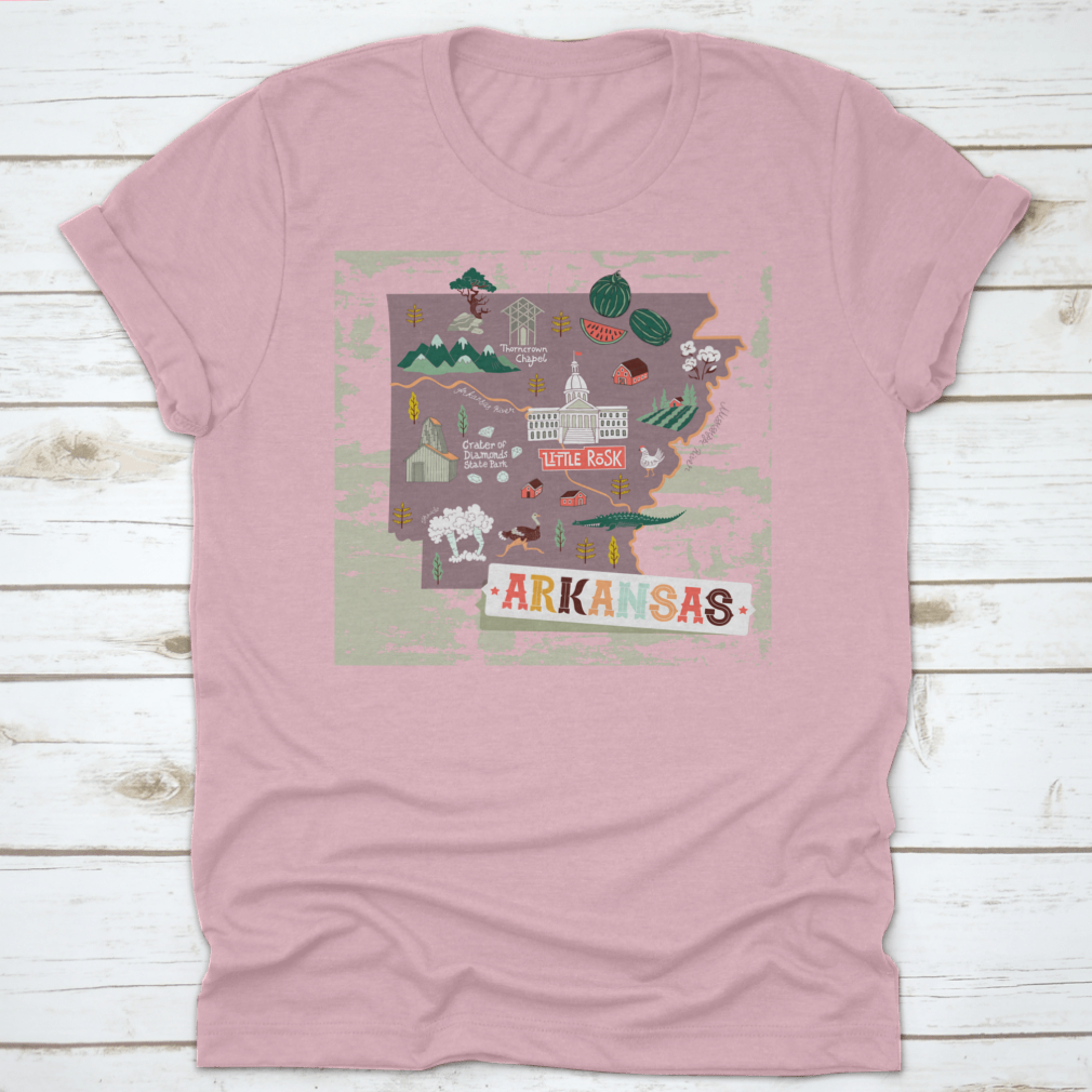 Illustrated map shirt design featuring Arkansas attractions and landscapes, made from 100% cotton for comfort.