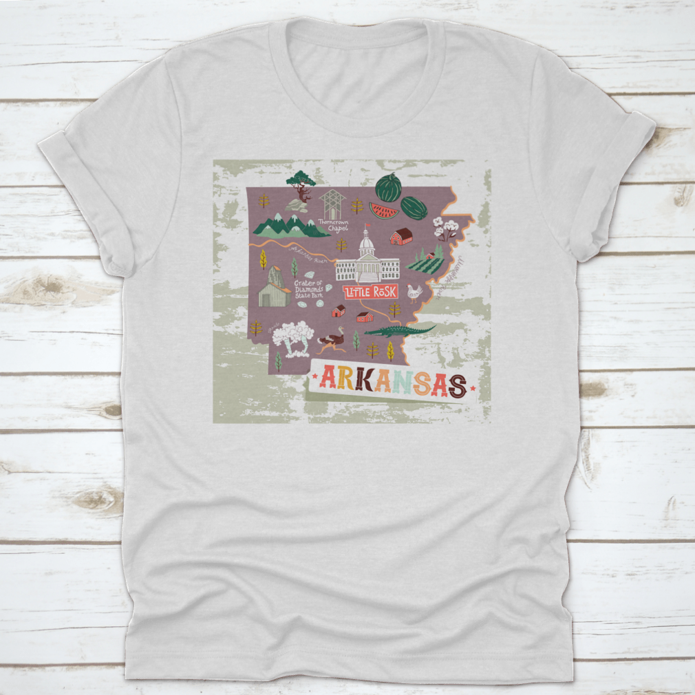Illustrated map shirt design featuring Arkansas attractions and landscapes, made from 100% cotton for comfort.