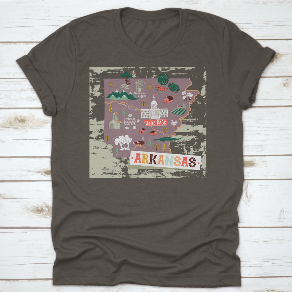 Illustrated map shirt design featuring Arkansas attractions and landscapes, made from 100% cotton for comfort.