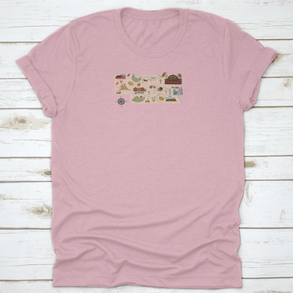 Illustrated map of Nebraska showcasing travel attractions in a trendy style, featuring vibrant colors and detailed landmarks.