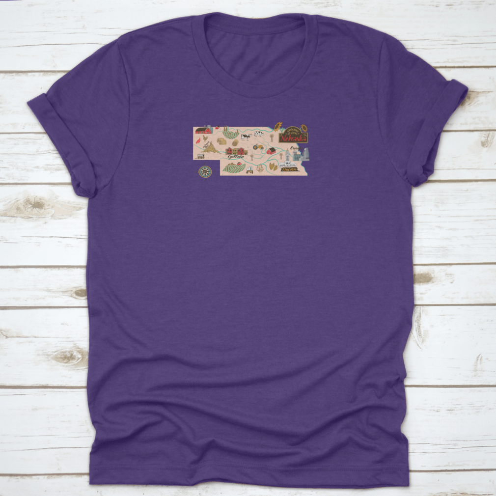 Illustrated map of Nebraska showcasing travel attractions in a trendy style, featuring vibrant colors and detailed landmarks.