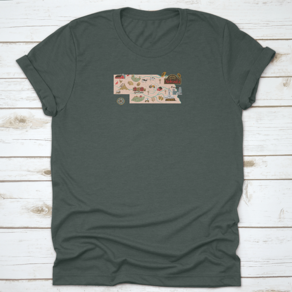 Illustrated map of Nebraska showcasing travel attractions in a trendy style, featuring vibrant colors and detailed landmarks.