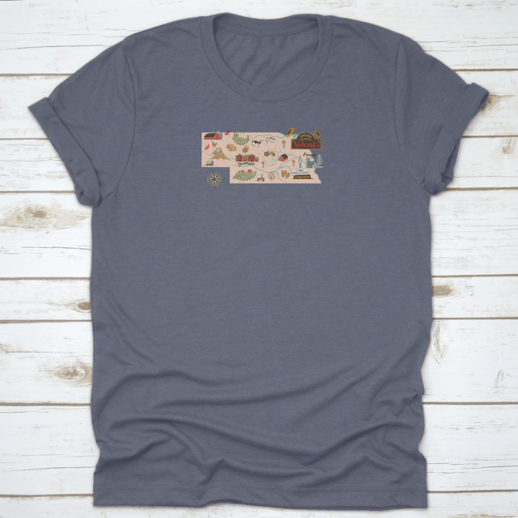 Illustrated map of Nebraska showcasing travel attractions in a trendy style, featuring vibrant colors and detailed landmarks.