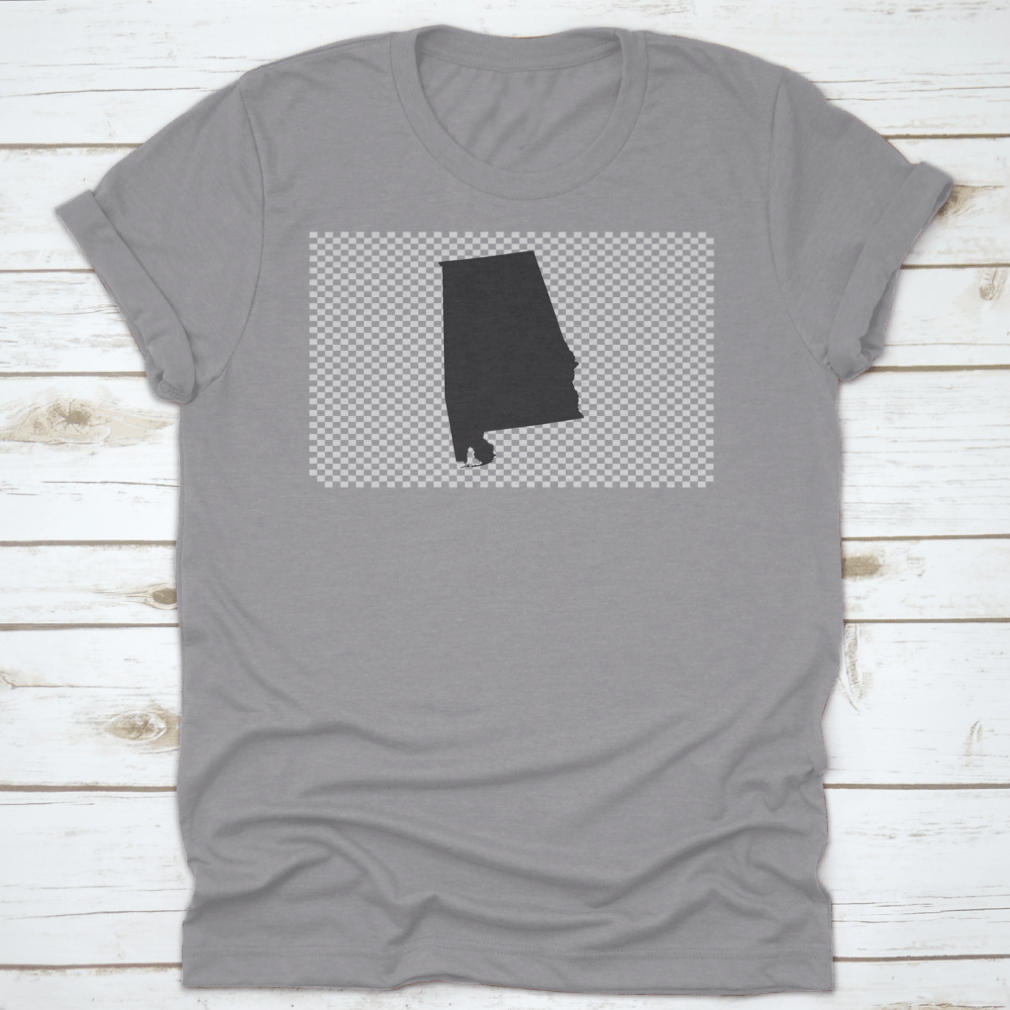 Illustration of Alabama state map outline on a cotton t-shirt, showcasing a unique vector design.
