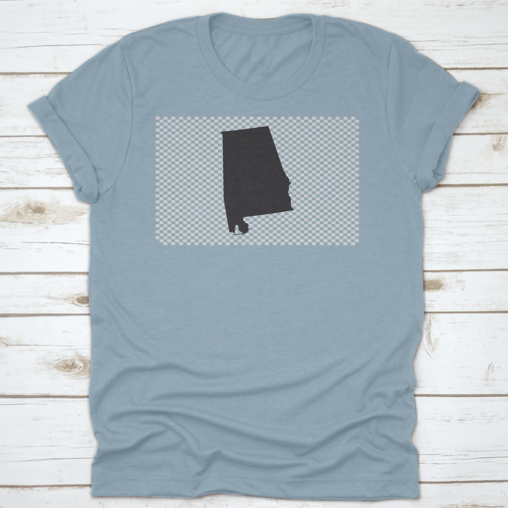 Illustration of Alabama state map outline on a cotton t-shirt, showcasing a unique vector design.