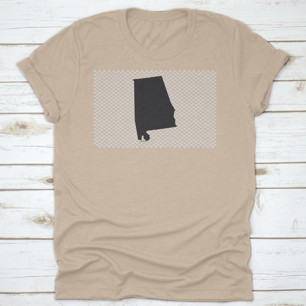 Illustration of Alabama state map outline on a cotton t-shirt, showcasing a unique vector design.