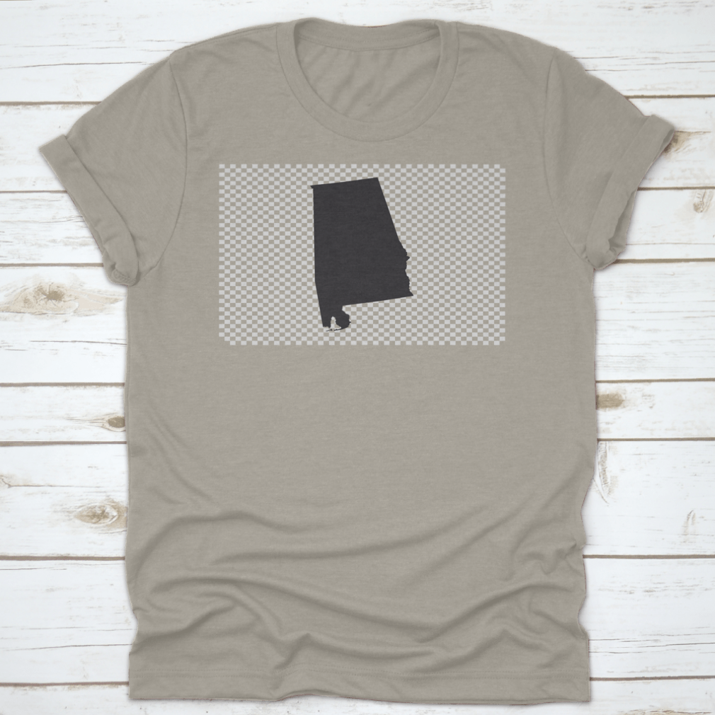 Illustration of Alabama state map outline on a cotton t-shirt, showcasing a unique vector design.