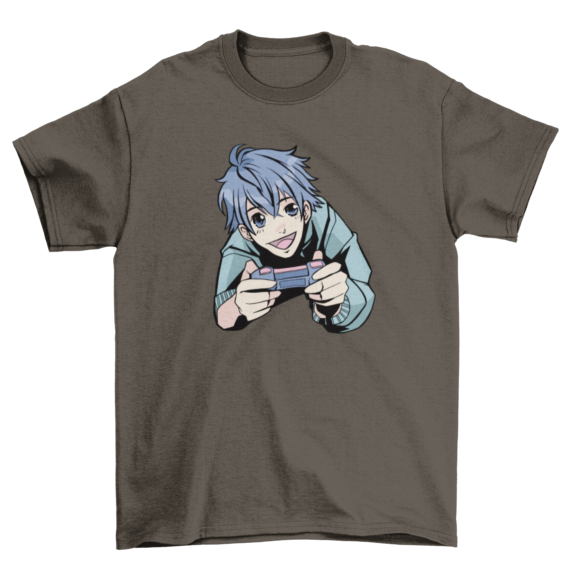 Cool anime boy gaming t-shirt featuring a vibrant illustration of an anime character playing with a Gameboy.