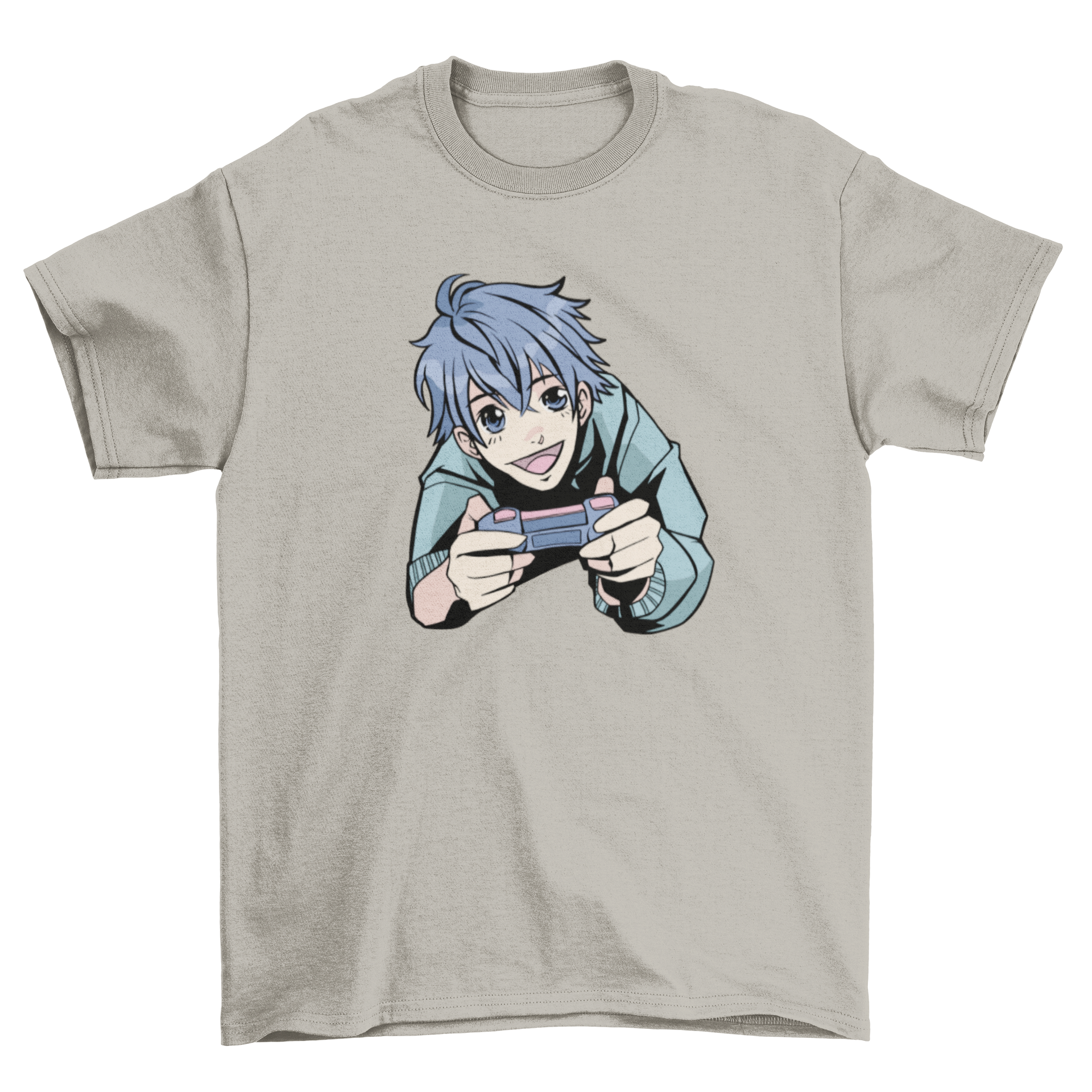 Cool anime boy gaming t-shirt featuring a vibrant illustration of an anime character playing with a Gameboy.