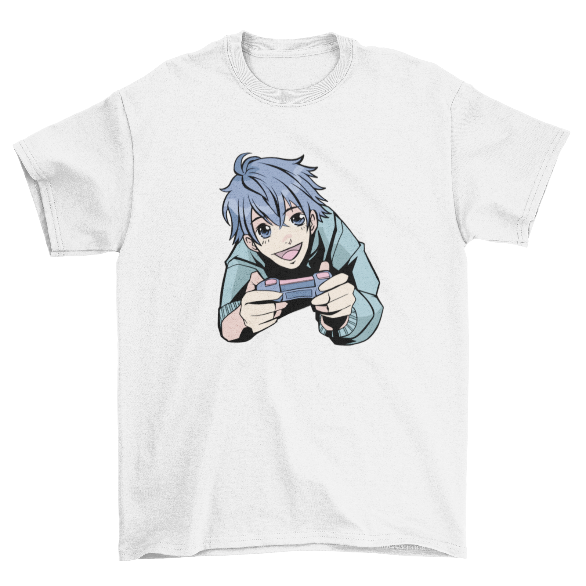 Cool anime boy gaming t-shirt featuring a vibrant illustration of an anime character playing with a Gameboy.