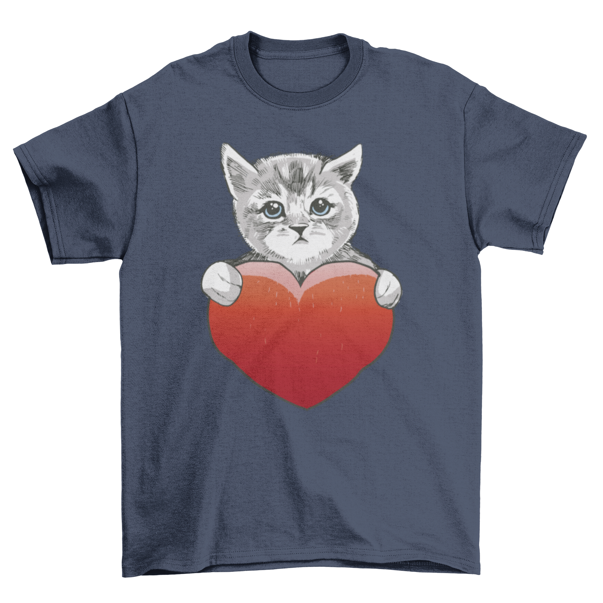 A cute illustration of a kitty cat with a heart, featured on a t-shirt design.