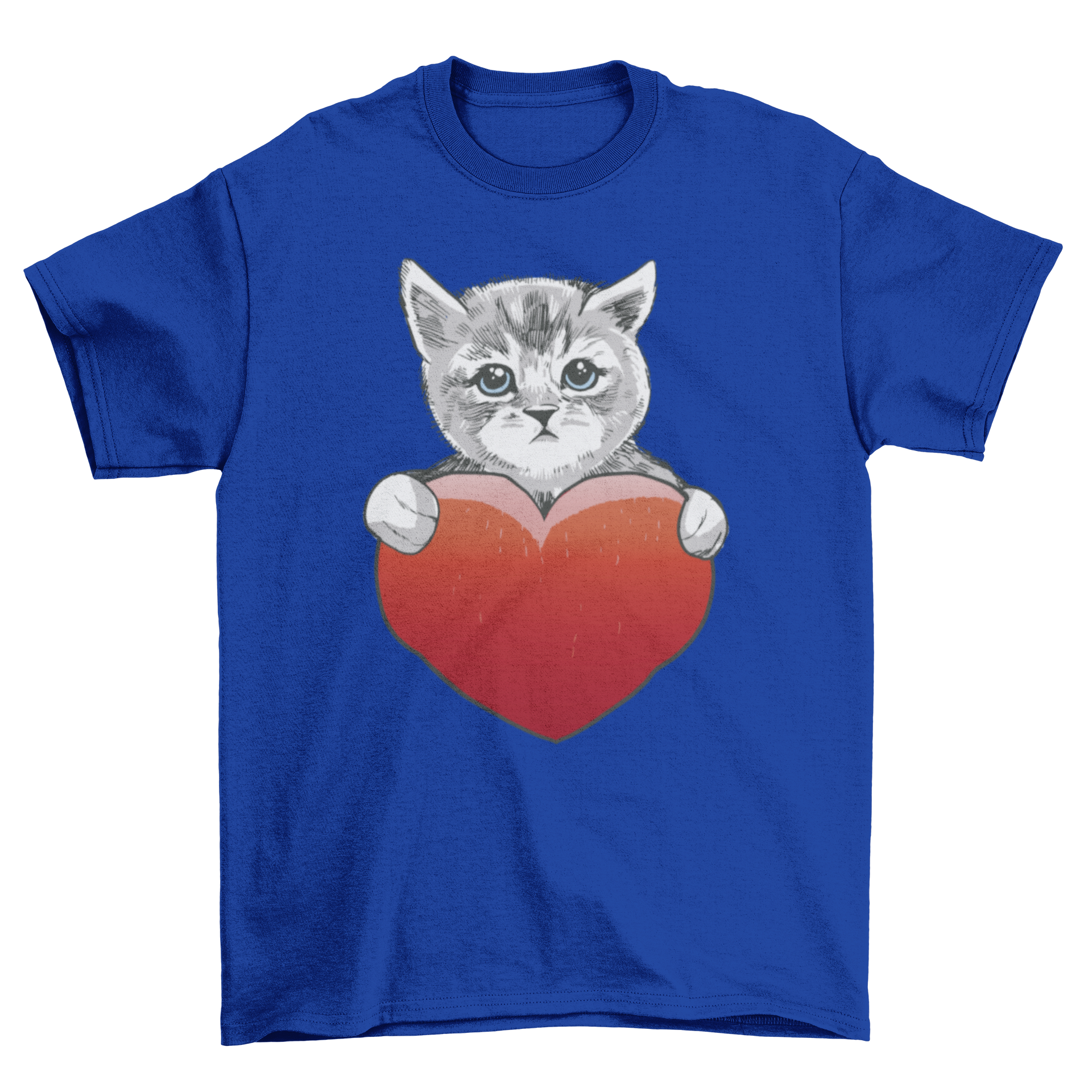 A cute illustration of a kitty cat with a heart, featured on a t-shirt design.