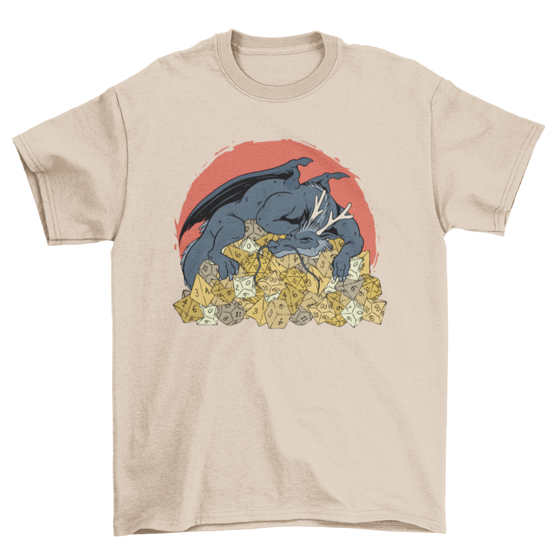 A t-shirt featuring a detailed illustration of a dragon sleeping on a colorful pile of RPG dice, showcasing fantasy elements.