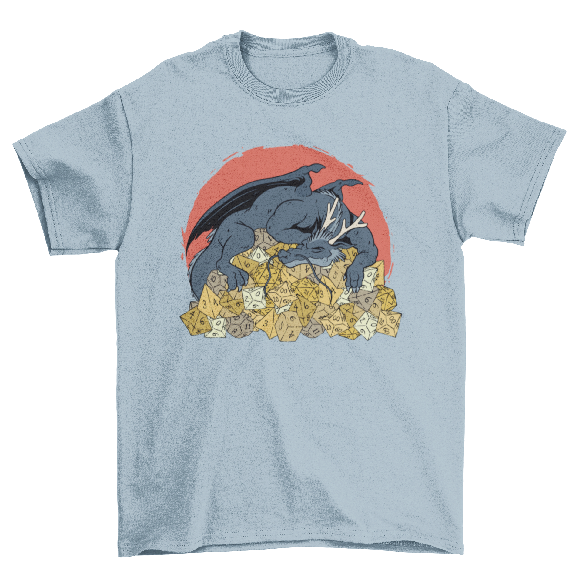 A t-shirt featuring a detailed illustration of a dragon sleeping on a colorful pile of RPG dice, showcasing fantasy elements.