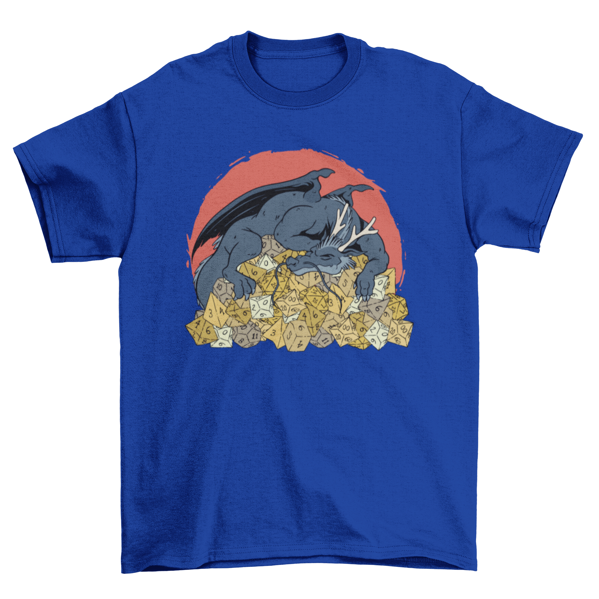 A t-shirt featuring a detailed illustration of a dragon sleeping on a colorful pile of RPG dice, showcasing fantasy elements.