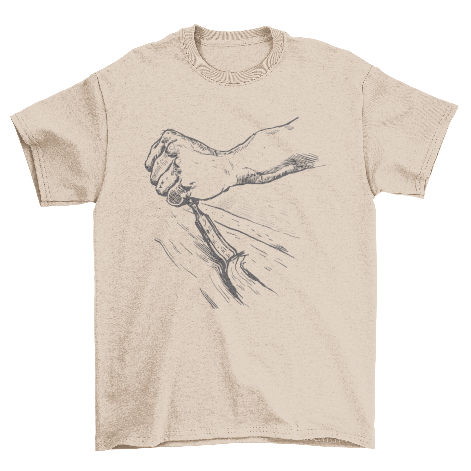 A stylish t-shirt featuring a hand-drawn illustration of a hand carving wood, showcasing intricate details and artistic flair.