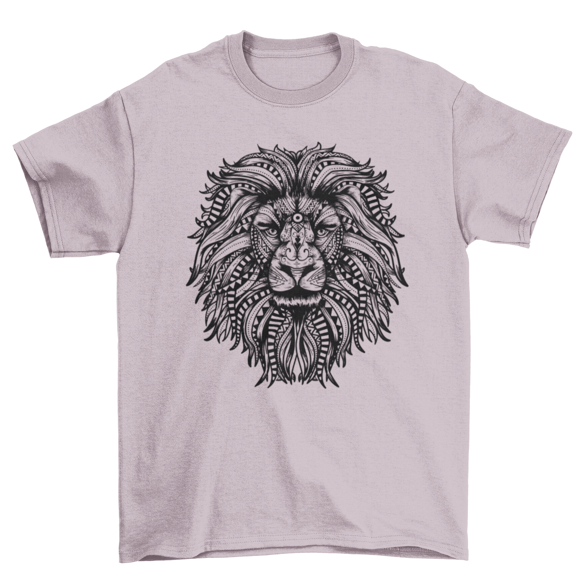 A stylish t-shirt featuring an illustrated lion design made from intricate mandalas and tribal patterns.