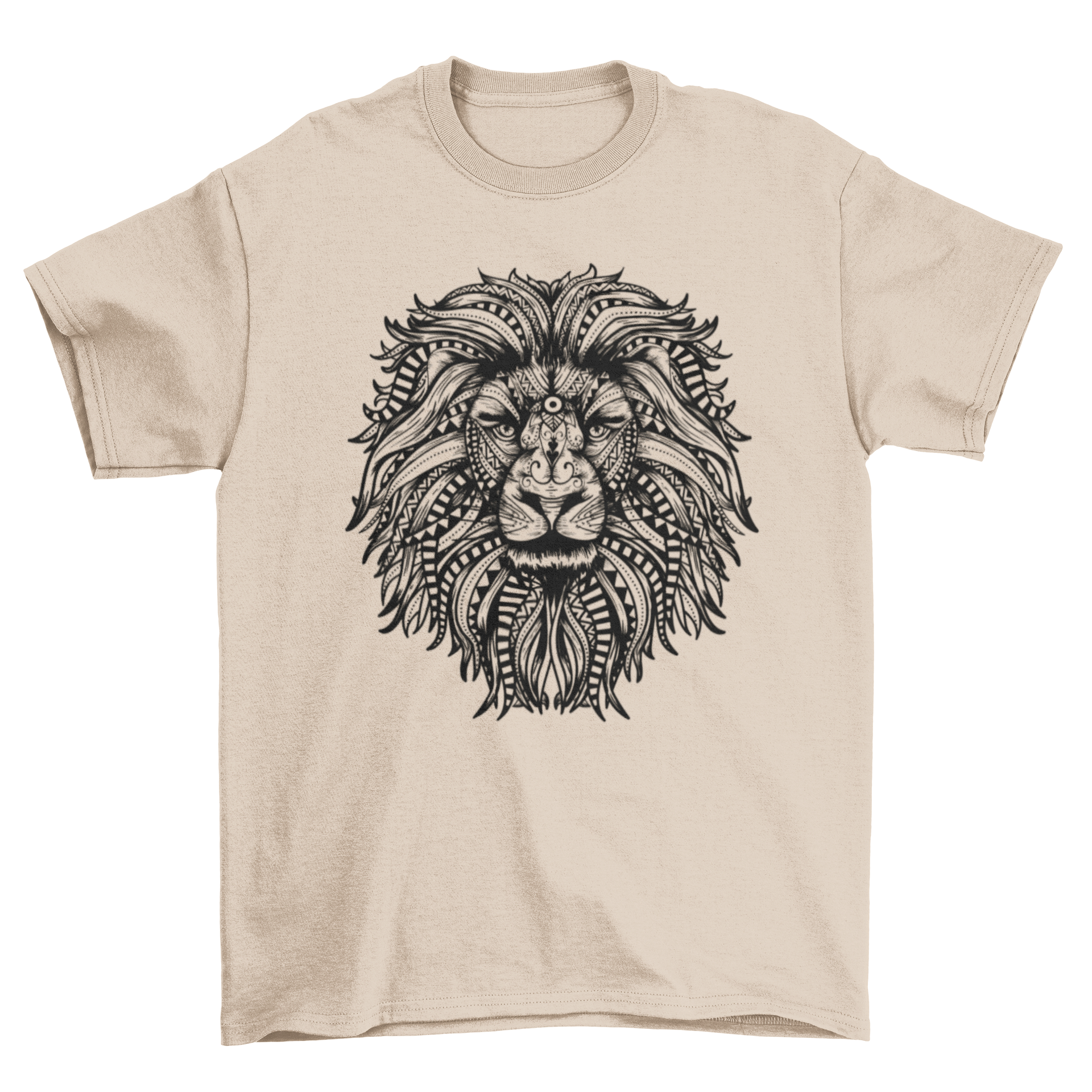 A stylish t-shirt featuring an illustrated lion design made from intricate mandalas and tribal patterns.