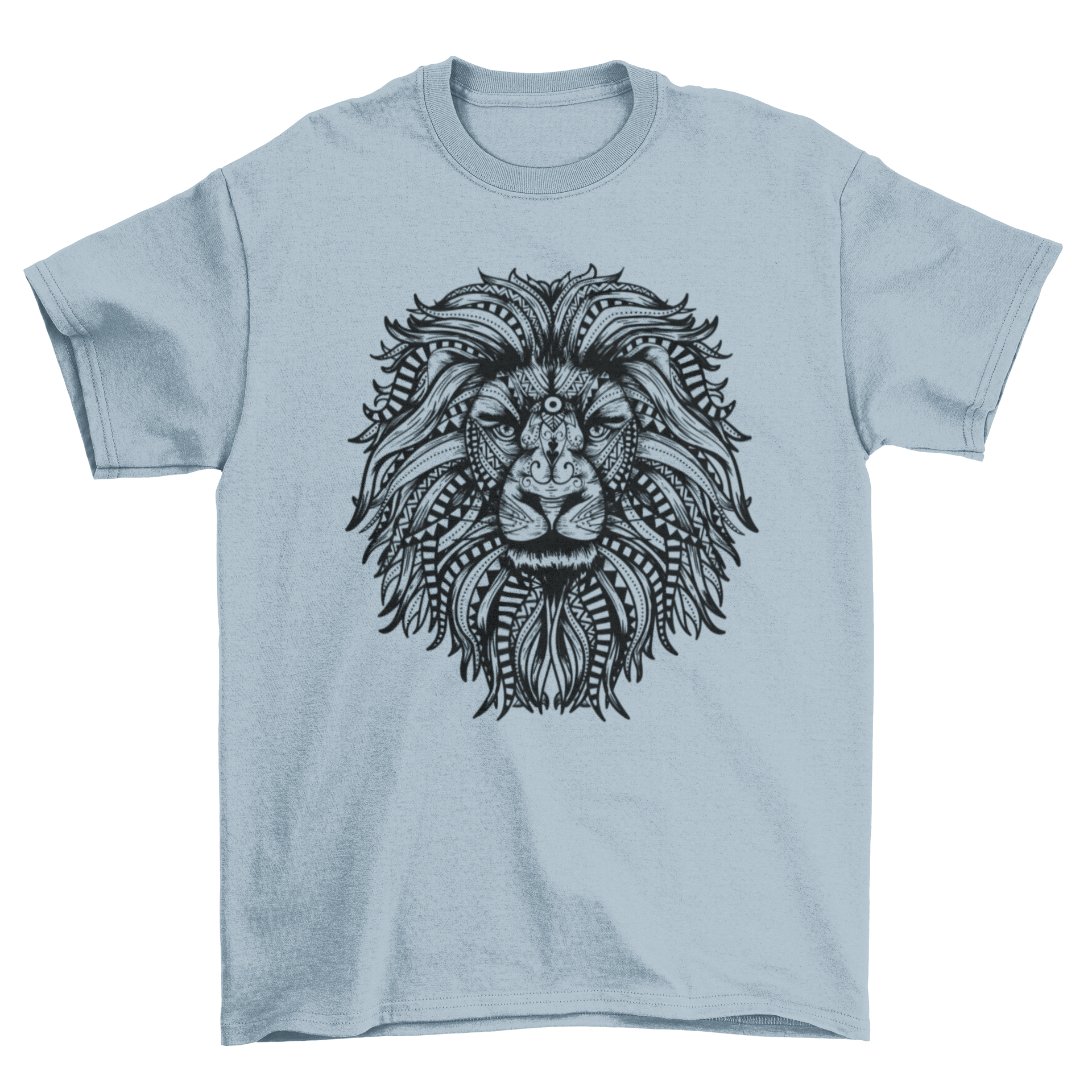 A stylish t-shirt featuring an illustrated lion design made from intricate mandalas and tribal patterns.