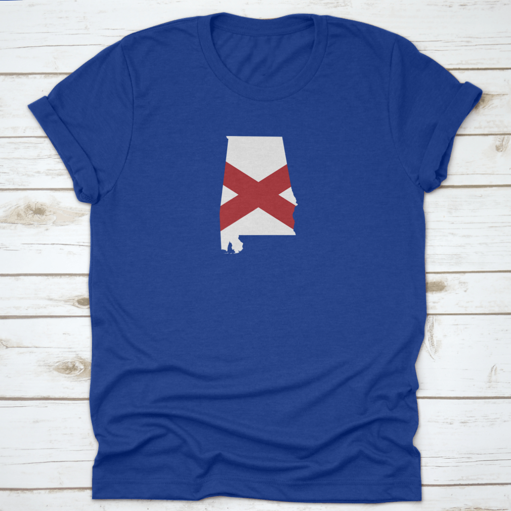 A stylish t-shirt featuring an illustration of the Alabama map and state flag, showcasing vibrant colors and a classic fit.