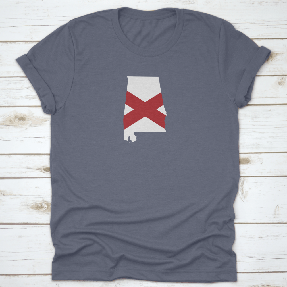 A stylish t-shirt featuring an illustration of the Alabama map and state flag, showcasing vibrant colors and a classic fit.