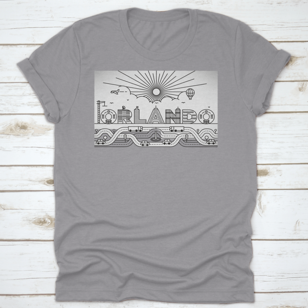 Orlando City Typography illustration featuring buildings and lettering on a cotton garment, showcasing vibrant colors and artistic design.