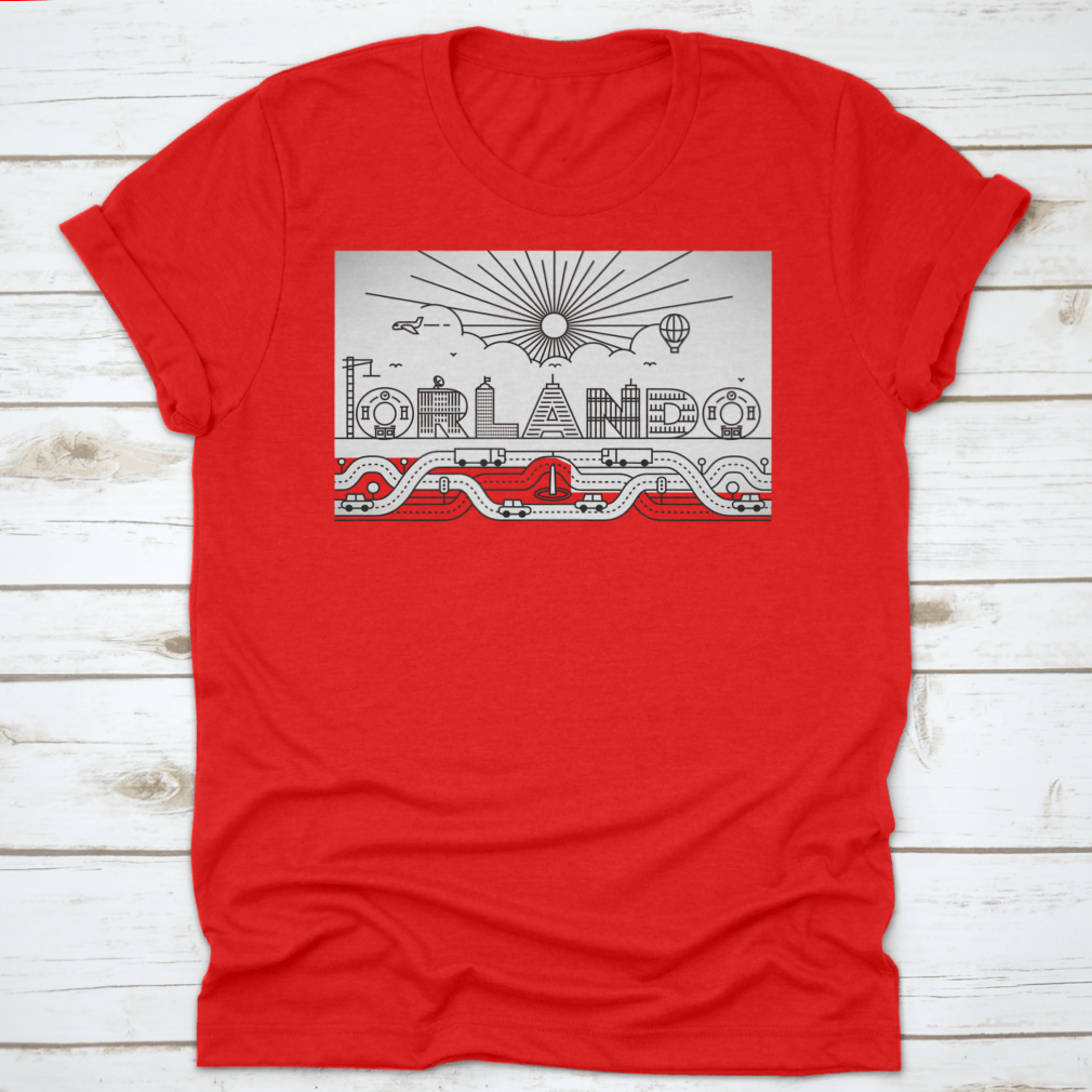 Orlando City Typography illustration featuring buildings and lettering on a cotton garment, showcasing vibrant colors and artistic design.