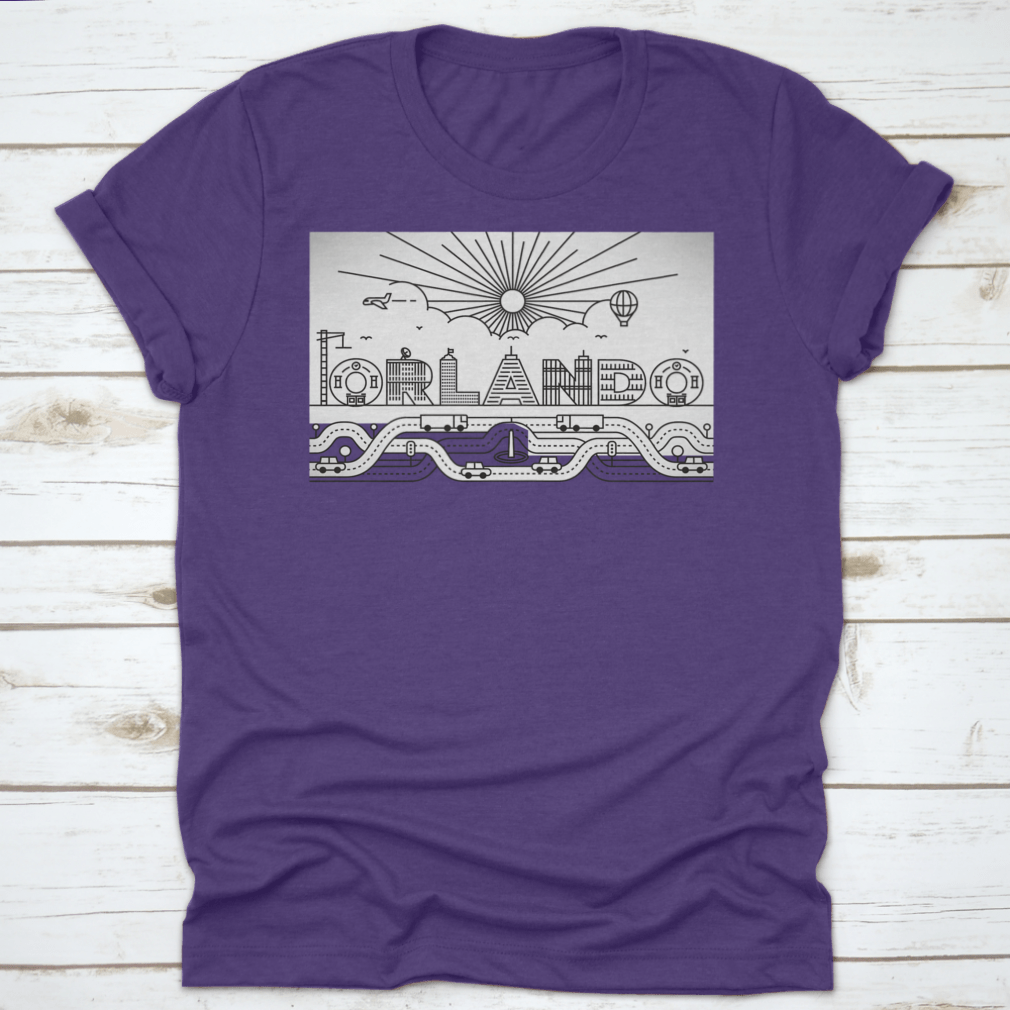 Orlando City Typography illustration featuring buildings and lettering on a cotton garment, showcasing vibrant colors and artistic design.