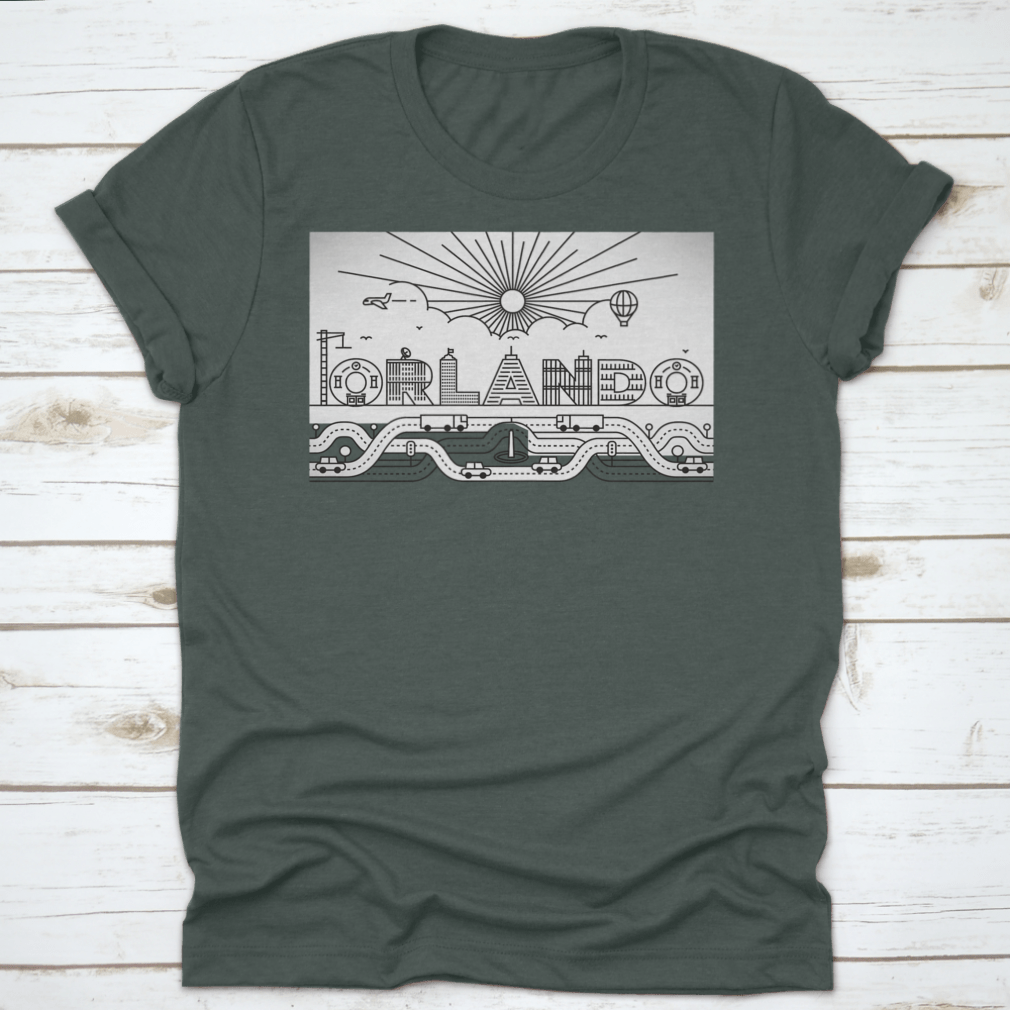 Orlando City Typography illustration featuring buildings and lettering on a cotton garment, showcasing vibrant colors and artistic design.