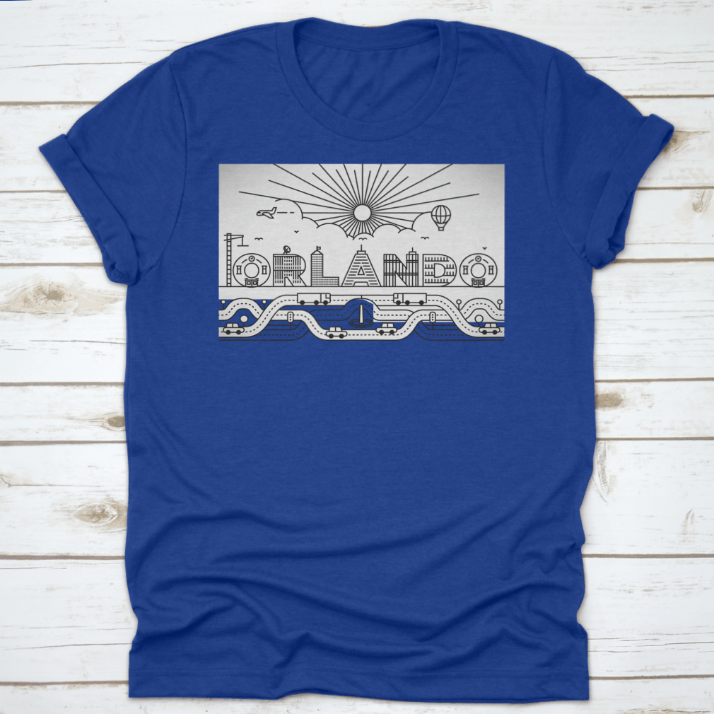 Orlando City Typography illustration featuring buildings and lettering on a cotton garment, showcasing vibrant colors and artistic design.