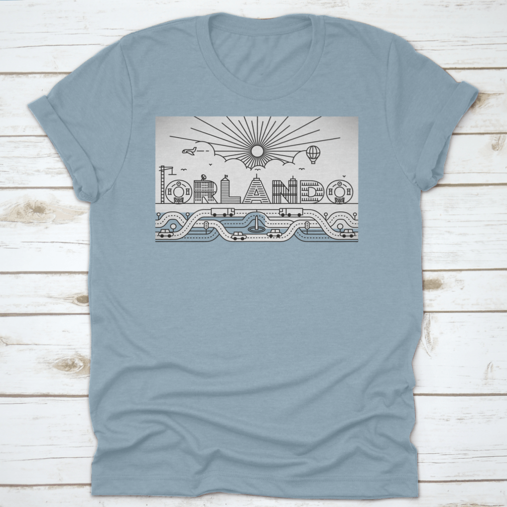 Orlando City Typography illustration featuring buildings and lettering on a cotton garment, showcasing vibrant colors and artistic design.