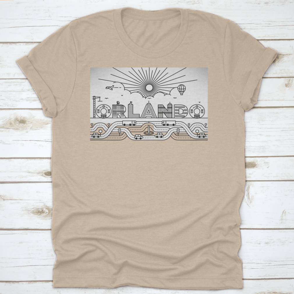 Orlando City Typography illustration featuring buildings and lettering on a cotton garment, showcasing vibrant colors and artistic design.