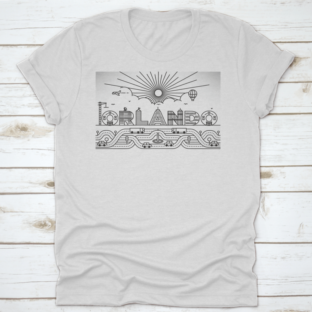 Orlando City Typography illustration featuring buildings and lettering on a cotton garment, showcasing vibrant colors and artistic design.