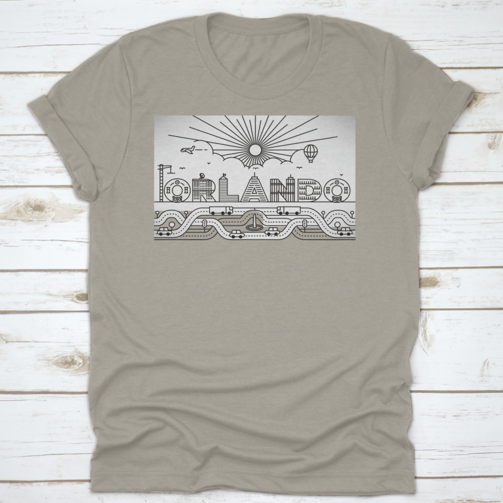 Orlando City Typography illustration featuring buildings and lettering on a cotton garment, showcasing vibrant colors and artistic design.