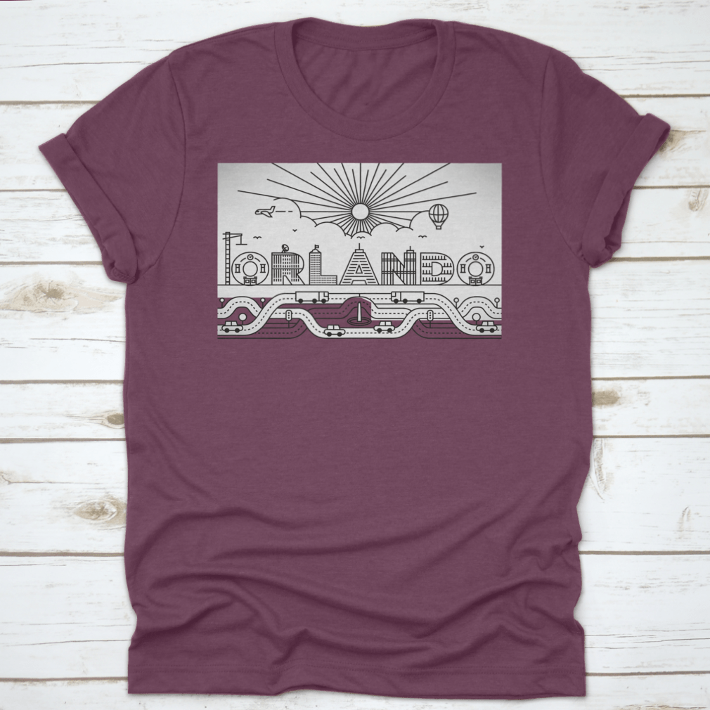 Orlando City Typography illustration featuring buildings and lettering on a cotton garment, showcasing vibrant colors and artistic design.