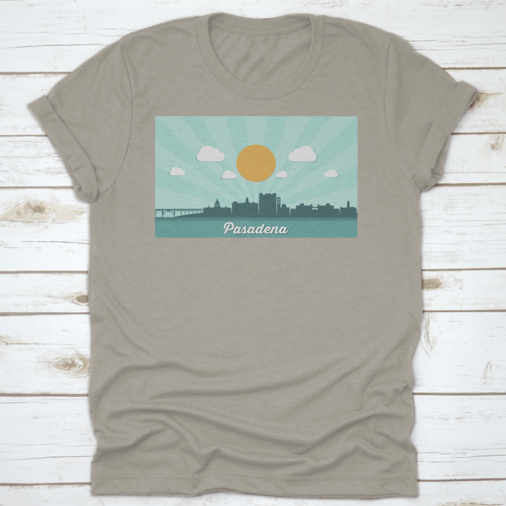 A detailed silhouette illustration of Pasadena's skyline during the day, showcasing iconic buildings and structures in a minimalist style.