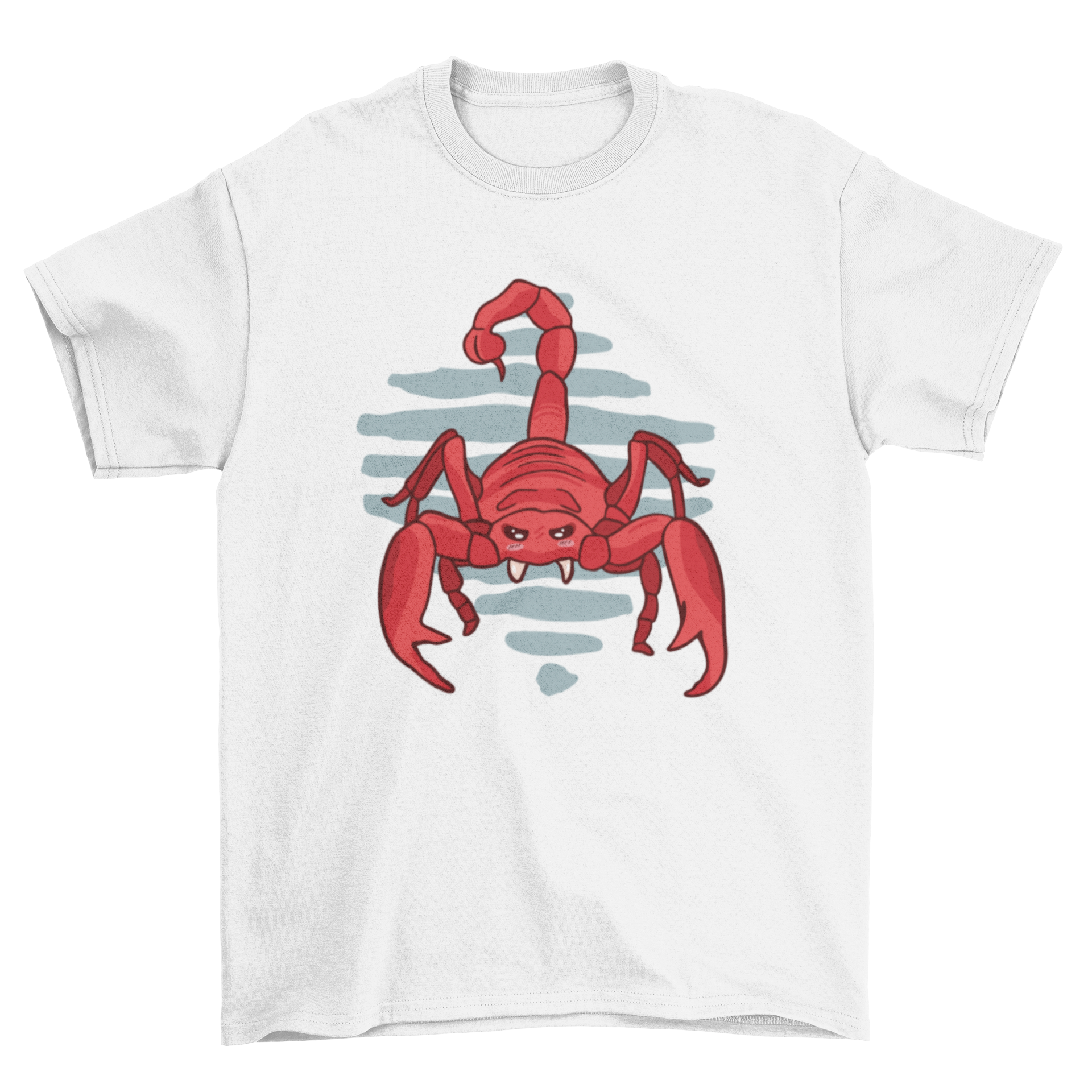 A stylish t-shirt featuring a detailed illustration of a red scorpion, showcasing vibrant colors and intricate design.