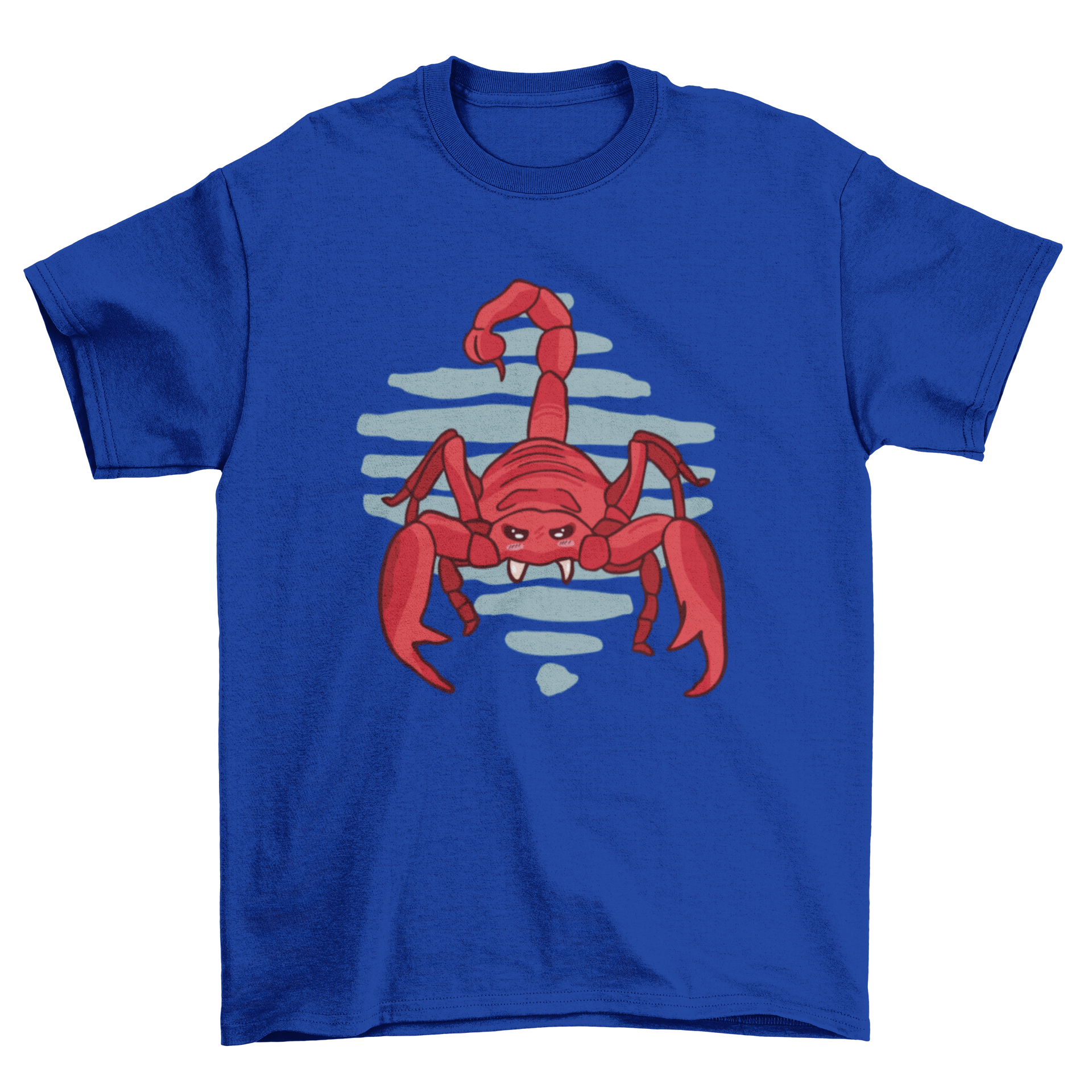 A stylish t-shirt featuring a detailed illustration of a red scorpion, showcasing vibrant colors and intricate design.