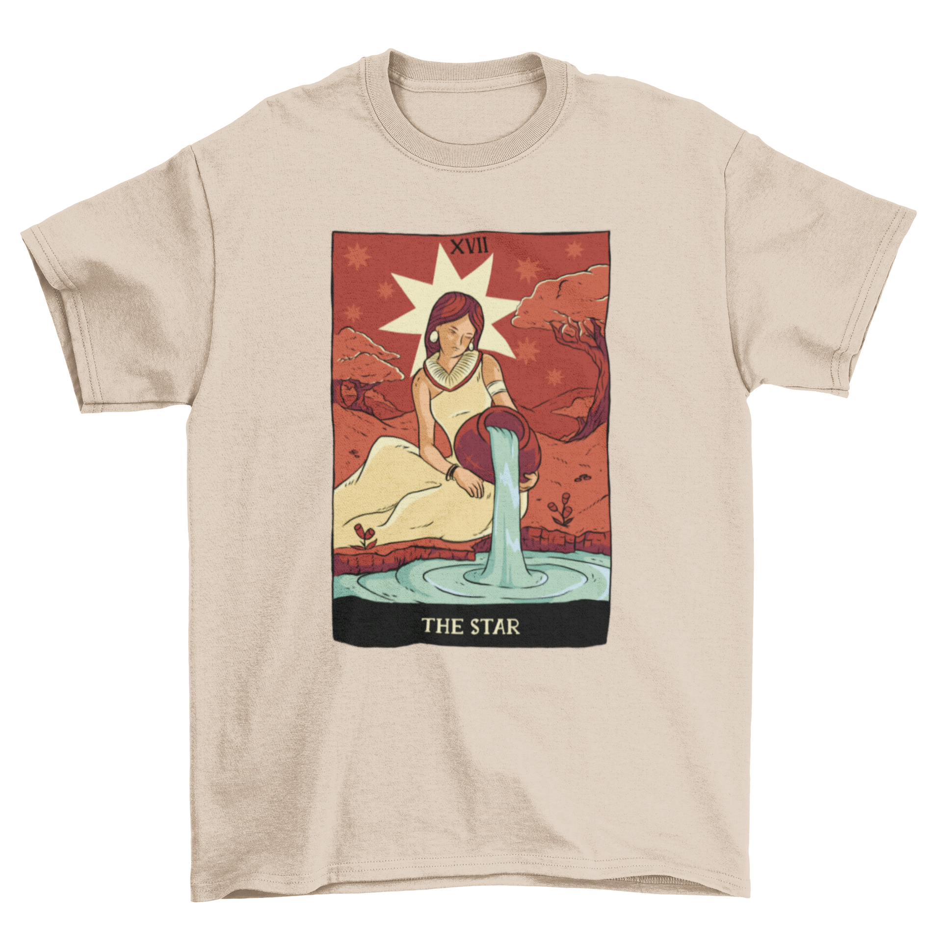 Illustration of the Star Tarot Card featuring a woman on a river with a base full of water, designed for a T-shirt.