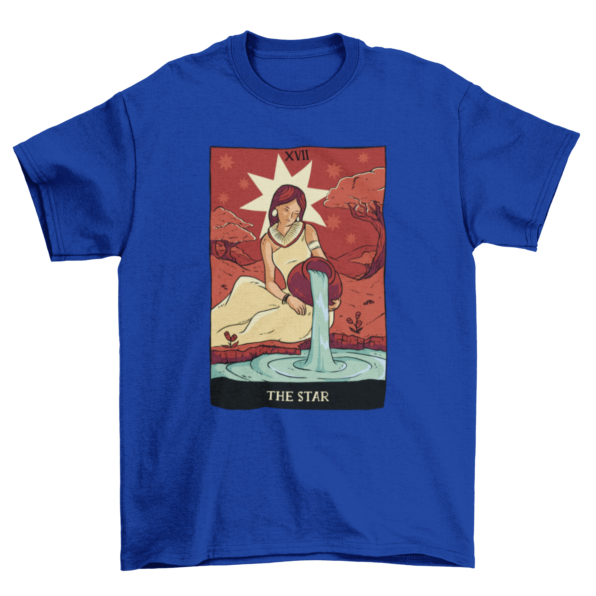 Illustration of the Star Tarot Card featuring a woman on a river with a base full of water, designed for a T-shirt.